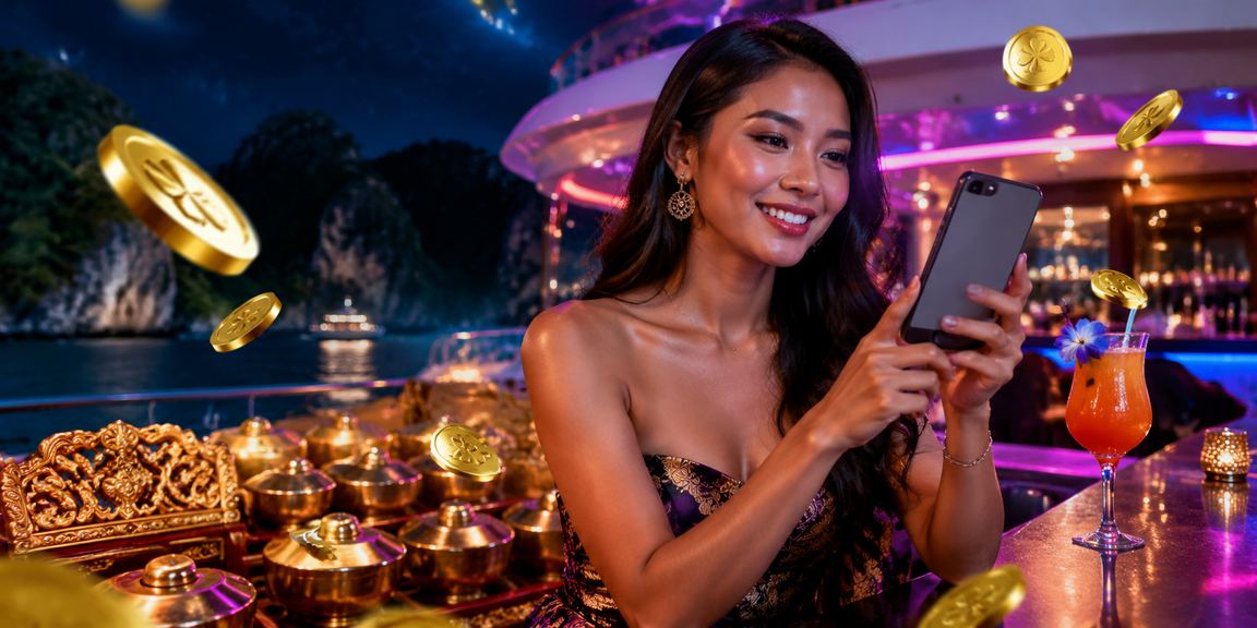 Pengguna mengakses platform casino mobile dengan tampilan neon futuristik di malam hari