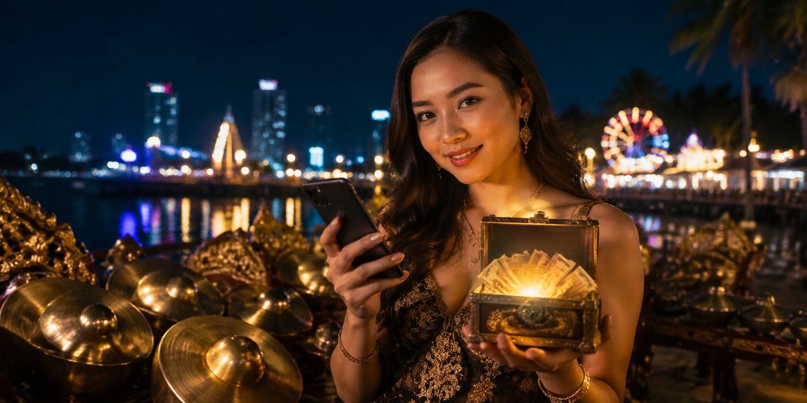 Pengguna mengakses promo casino dan bonus lewat smartphone di tepi pantai saat sore hari