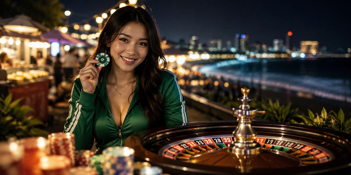 Pemain menikmati permainan roulette di tepi pantai dengan atmosfer santai dan cerah