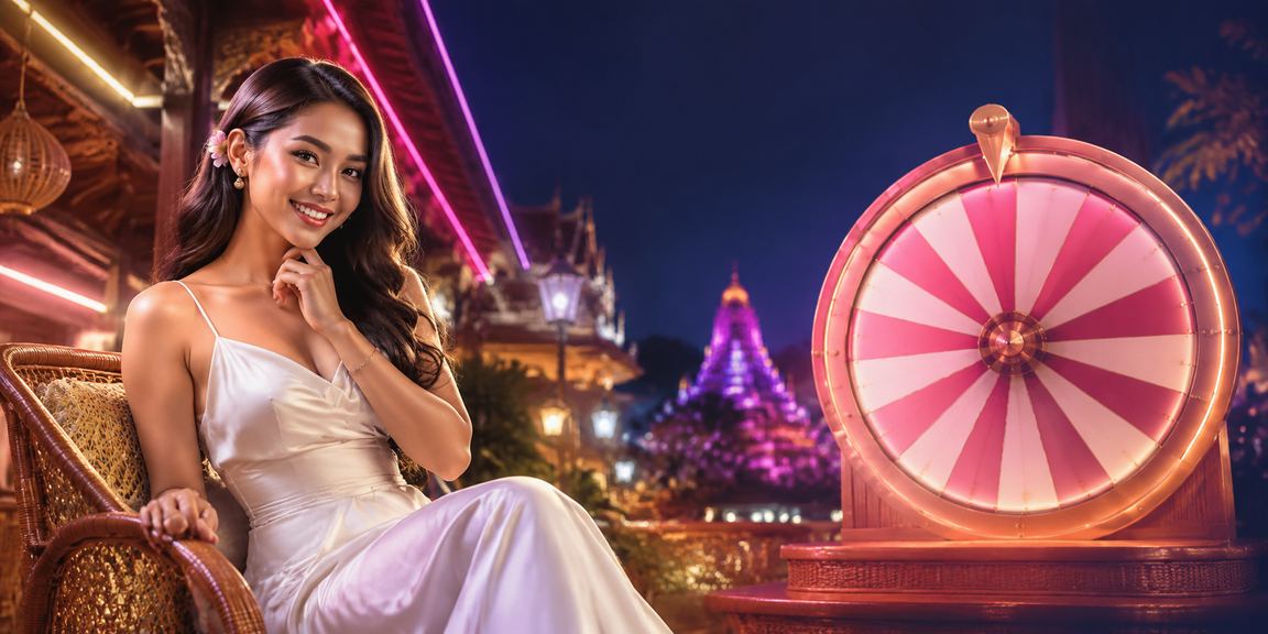 Suasana lucky draw neon dengan kerumunan pemain bersemangat di malam hari